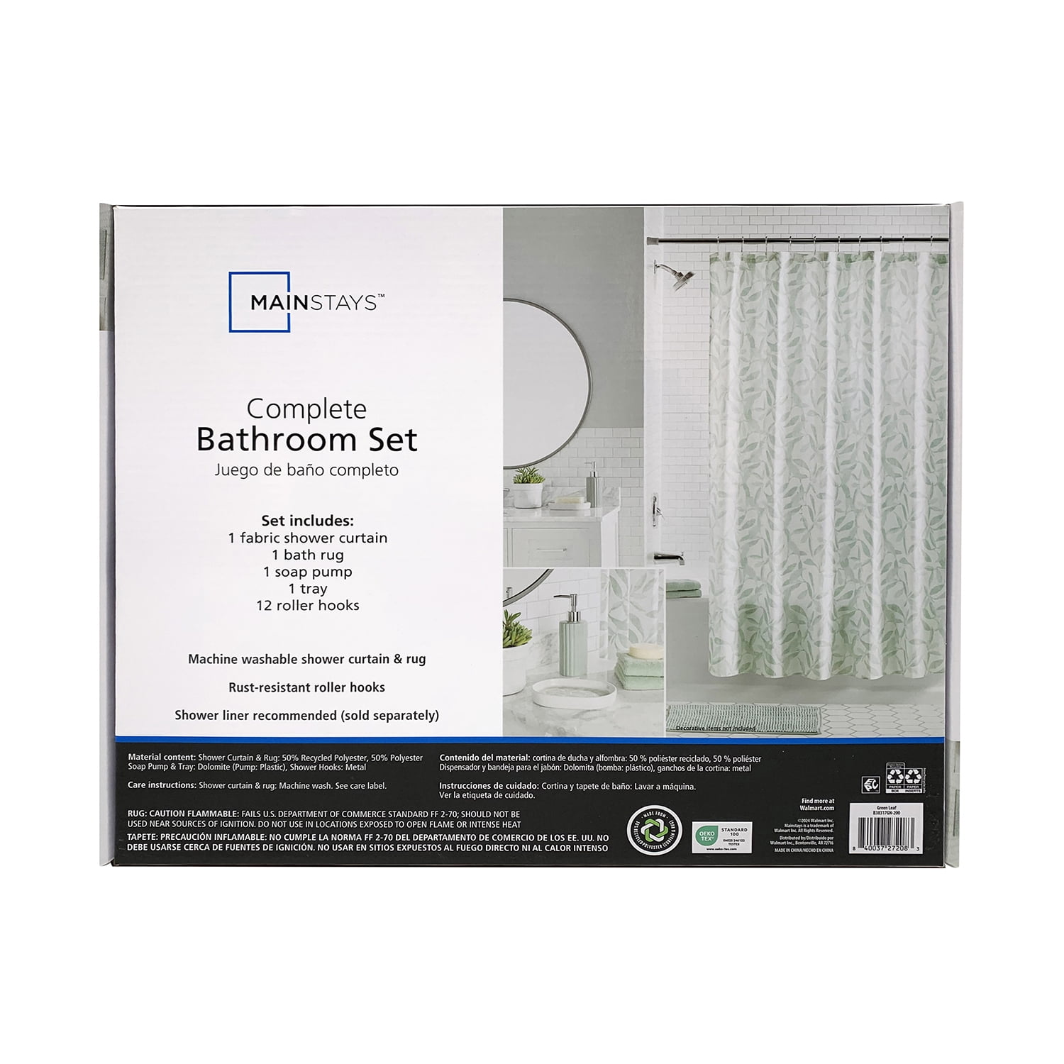 Mainstays 16-Piece Green Leaf Shower Curtain Bathroom Set - Fabric Curtain with Rug, Hooks, Soap Dispenser & Tray