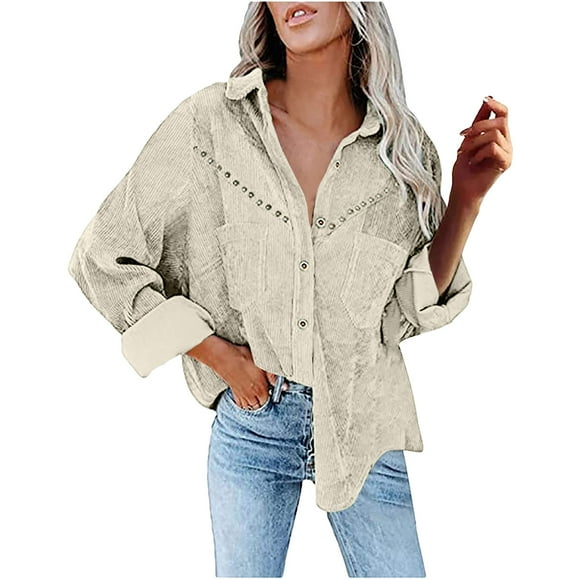 IROINID Women's Short Corduroy Jacket Turndown Lapel Solid Color Long Sleeve Loose Pockets Buttons Tops Outwear Corduroy Jacket Coat, Beige