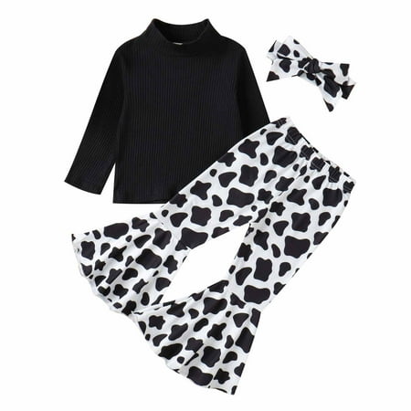 

Toddler Baby Valentine s Day Clothes Set Autumn Winter Kids Girls Cotton Crew Neck Long Sleeve Casual Cow Print Striped Trousers Headband Three Piece Set 6 Months-5 Years