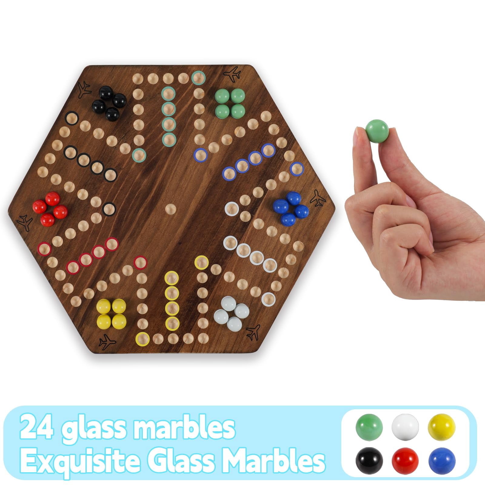 Grhonior 20 in Wooden Fast Track Board Game Original Wahoo Board Game for 6 and 4 Players with Marbles and Dices Burnt Color Board Marble Game