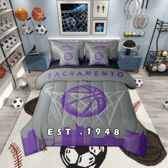 Erosebridal 7 Pcs Comforter Set Twin Size,Sports Bed in a Bag with Flat Sheet and Fitted Sheet and Adults,Basketball Bedding Set with Pillowcase and Sham,Sacramento