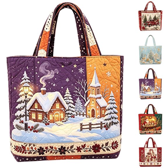 Vintage Santa Print Christmas Tote Bag, Quilted Reusable Shopping Handbag with Reinforced Handles for Grocery and Holiday Use