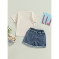 thumbnail image 4 of Bagilaanoe 0-3T Baby Girl 4th of July Outfits Infant Independence Day Short Sleeve Letter Print Tees Tops Ripped Denim Shorts Summer Clothes Set, 4 of 8