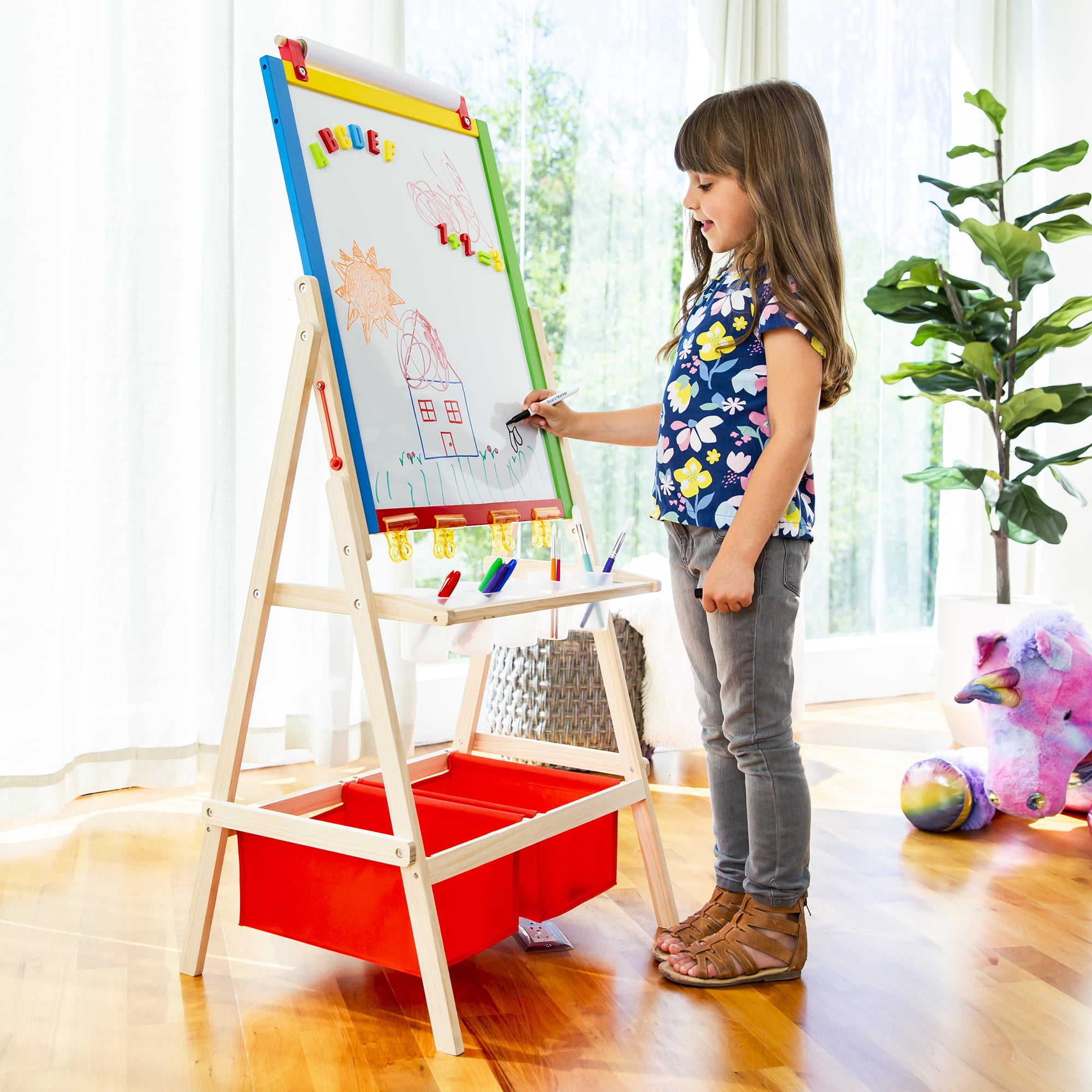 Duke Baby 3-in-1 Kids Art Easel with Dry-Erase Board, Chalkboard, Paper Roll and Art Supply Storage- Green