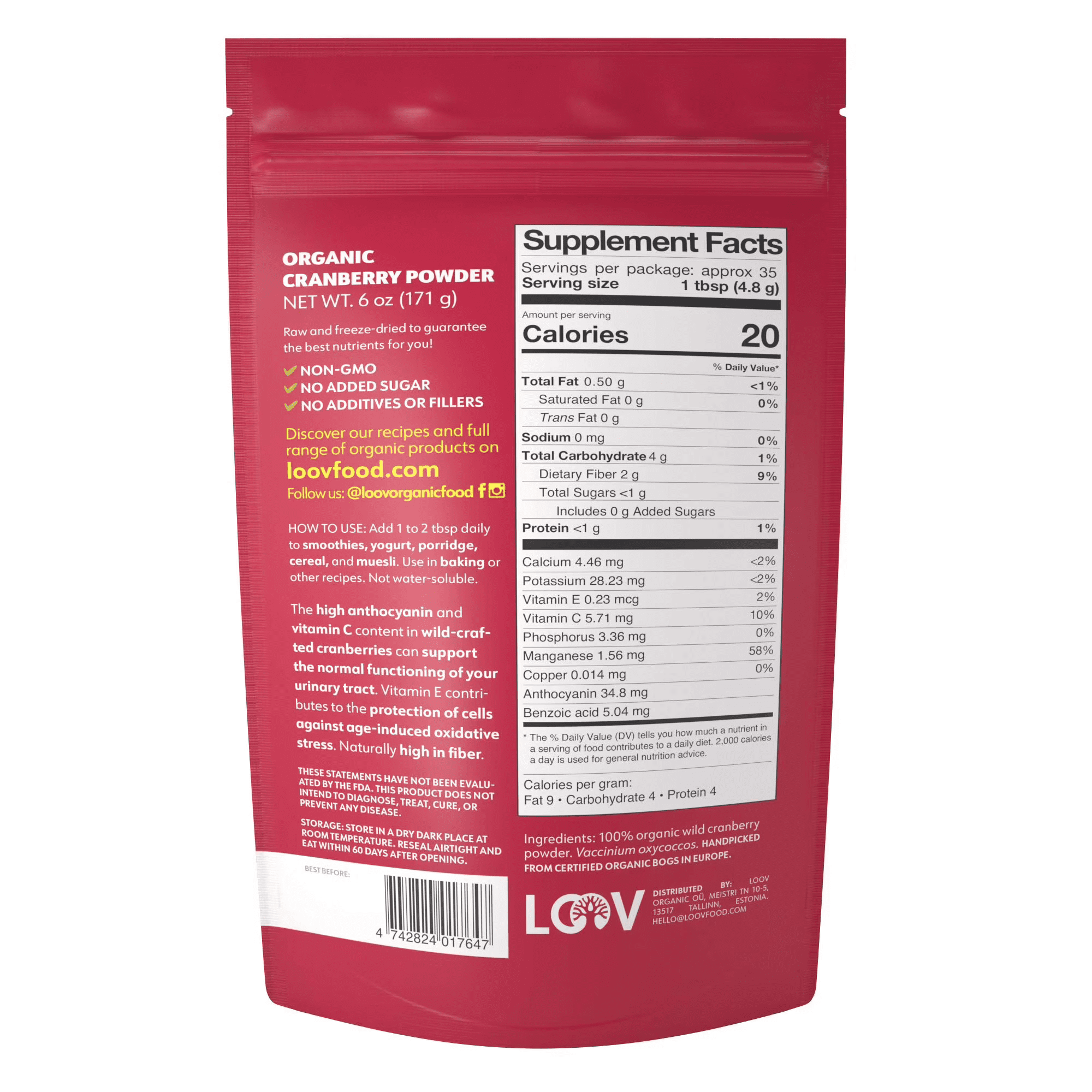 LOOV Organic Wild Cranberry Powder, Freeze-Dried, No Added Sugar, 6 oz (171 G)