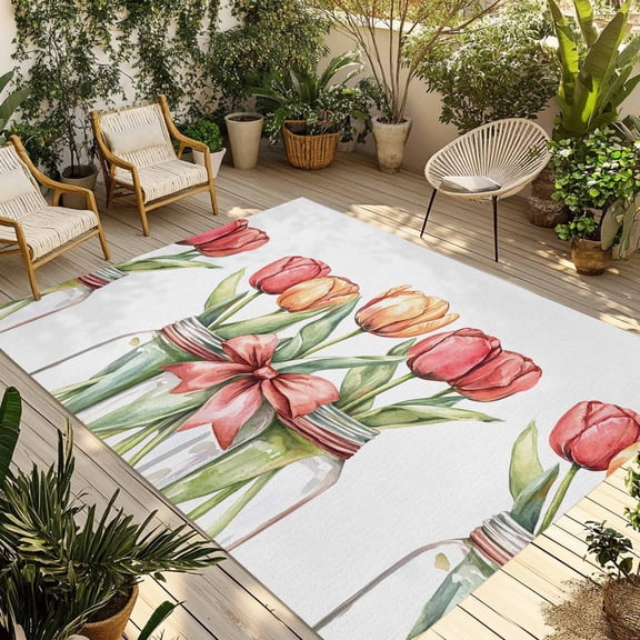 Fsddascl Spring Floral Outdoor Rug for Patio/Deck/Porch, Non-Slip Large Area Rug 4 x 6 Ft, Botanical Tulip Flower Bow in Vase Indoor Outdoor Rugs Washable Area Rugs, Reversible Camping Rug Carpet