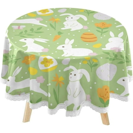 SKYSONIC Easter Bunny Eggs Round Tablecloth 60inch Indoor Wrinkle Free, Spring Green Circular Lace Table Cover Washable for Kitchen Party BBQ Dining Decor