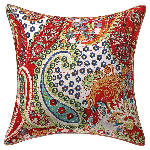 Stylo Culture Ethnic Settee Sofa Throw Pillow Cover 16x16 Paisley Floral Kantha Red Printed 40cm x 40cm Living Room Toss Pillow Case Cotton Square Cushion Cover | 1 Pc