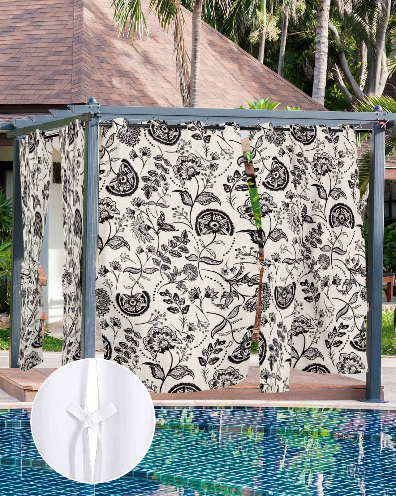 Outdoor Curtains for Patio, Black Spring Floral Waterproof Blackout Outside Curtain for Porch/Pergola/Gazebo, Summer Botanical Farmhouse Vintage Thermal Insulated Drapes, 1 Panel, 54 x 84 Inch
