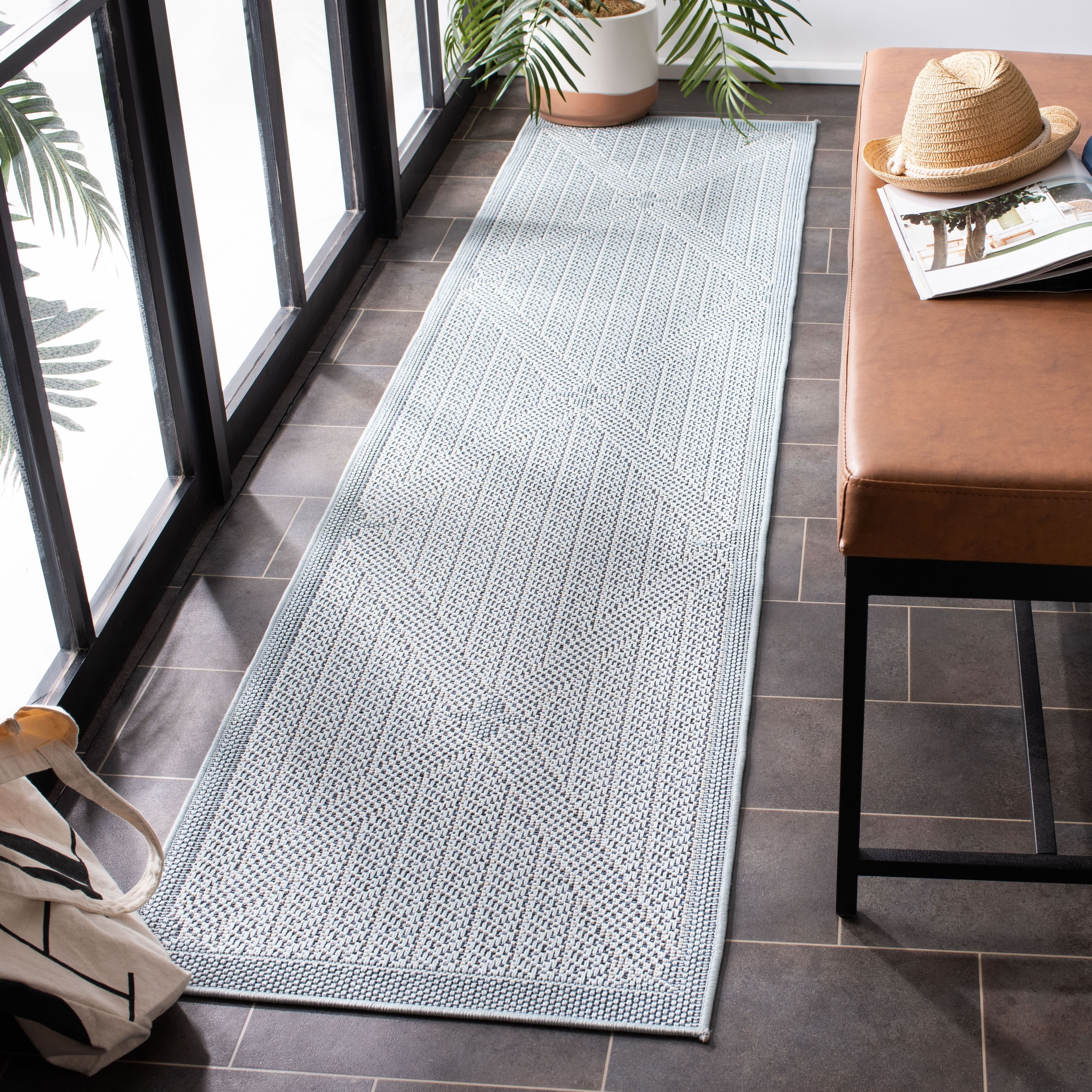 SAFAVIEH Machine Washable Rug Indoor/Outdoor Bermuda Collection - Bermuda Julijana Geometric Diamonds Indoor/Outdoor Runner Rug Light Blue/Ivory, 2' x 8'