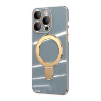 ELEHOLD for iPhone 13 Pro Max Plating Magnetic Case Slim Thin Shockproof with Metal Ring Holder Folding Kickstand All-Inclusive Lens Protection Mag Safe Compatible Protective Cover,gray