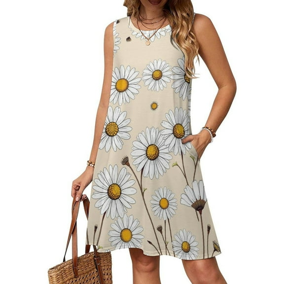 Women Clothing Dress Daisy Flower Pattern Round Neck Sleeveless Length Dress