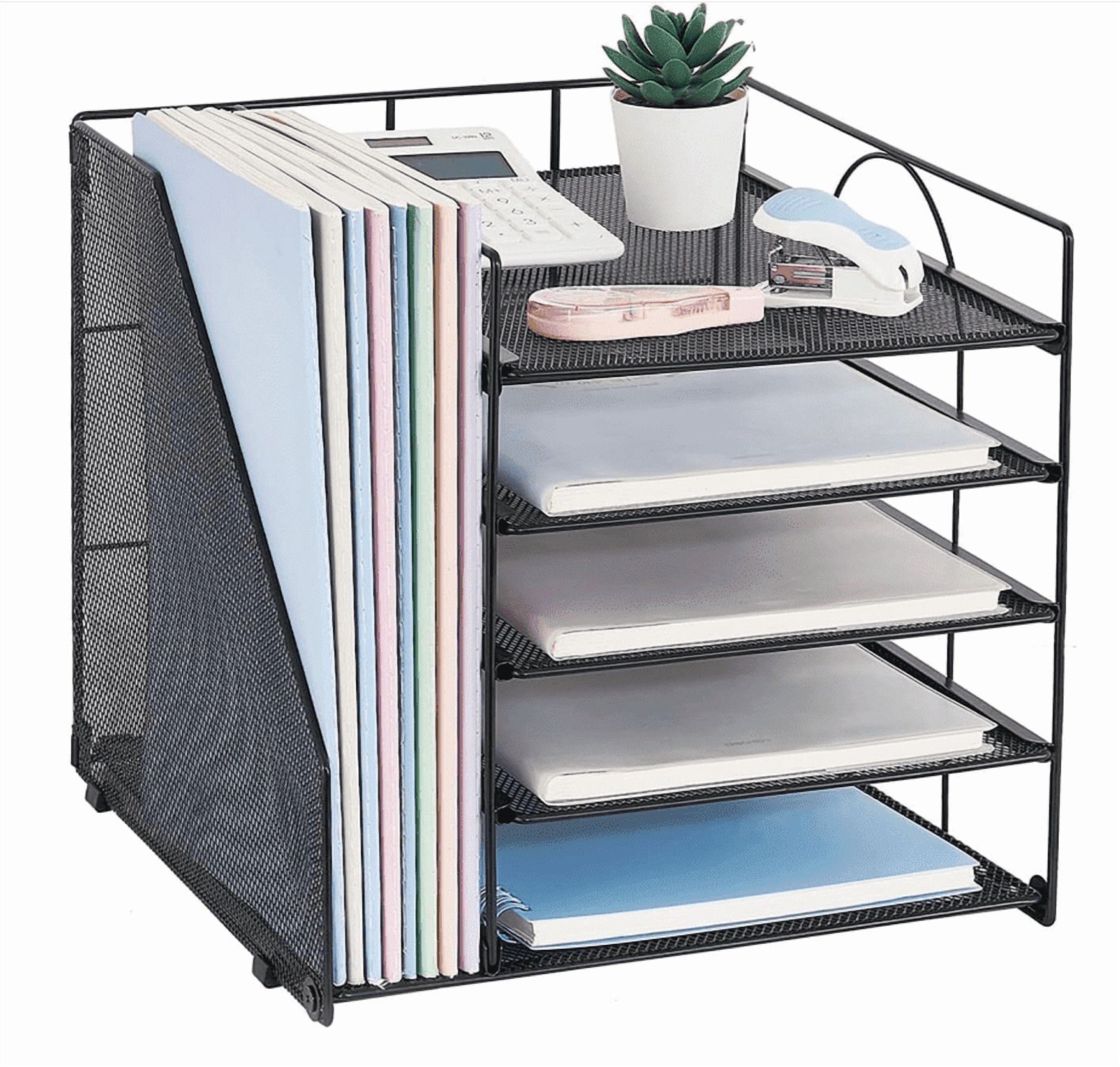 KABBDesktop organizer and accessories, 5-layer paper letter tray organizer with file rack, office supplies desktop organizer (black)