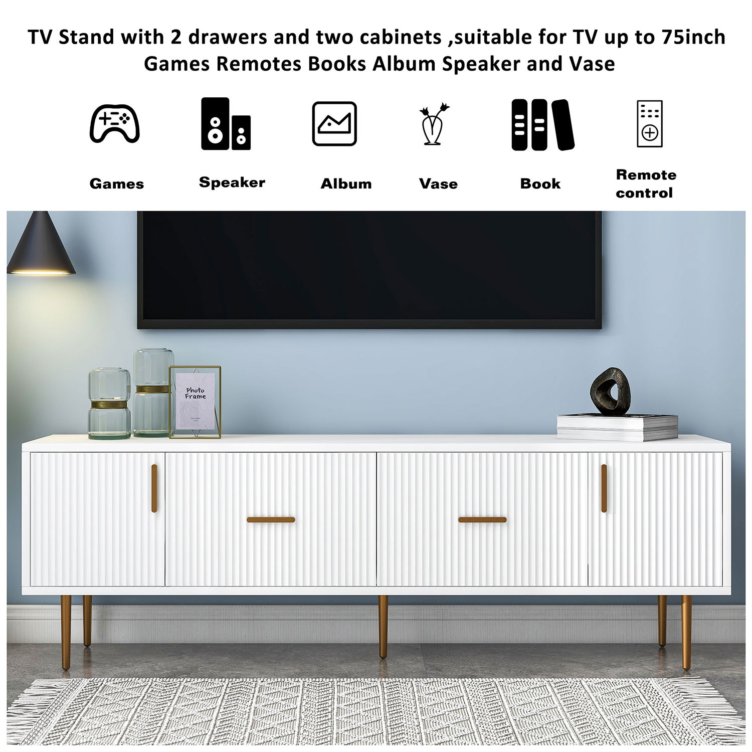 Kepooman Modern TV Stand with 5 Metal Legs, Stylish TV Stand for TVs Up to 75", White Kepooman Modern TV Stand with 5 Metal Legs, Stylish TV Stand for TVs Up to 75", White