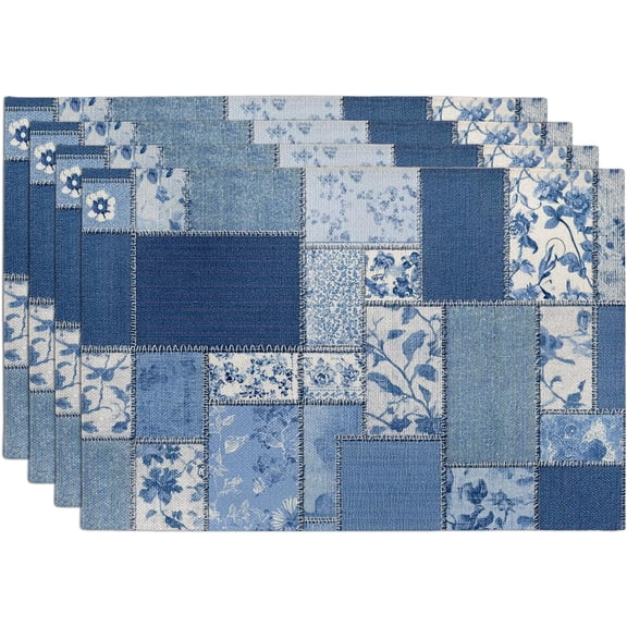 Blue Floral Patchwork Placemats, Denim Country Chic Table Mats for Summer Gatherings, Non-Slip Machine Washable Indoor Outdoor Dining Decor Set of 4