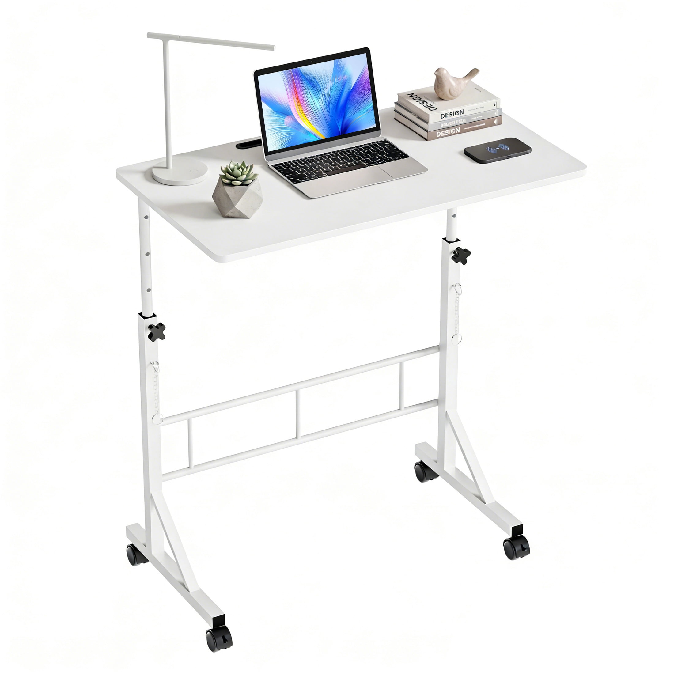 EDX Small Height Adjustable Standing Desk with Wheels, Mobile Rolling Computer Desk for Home Office, Sit Stand Laptop Desk for Walking Pad, White