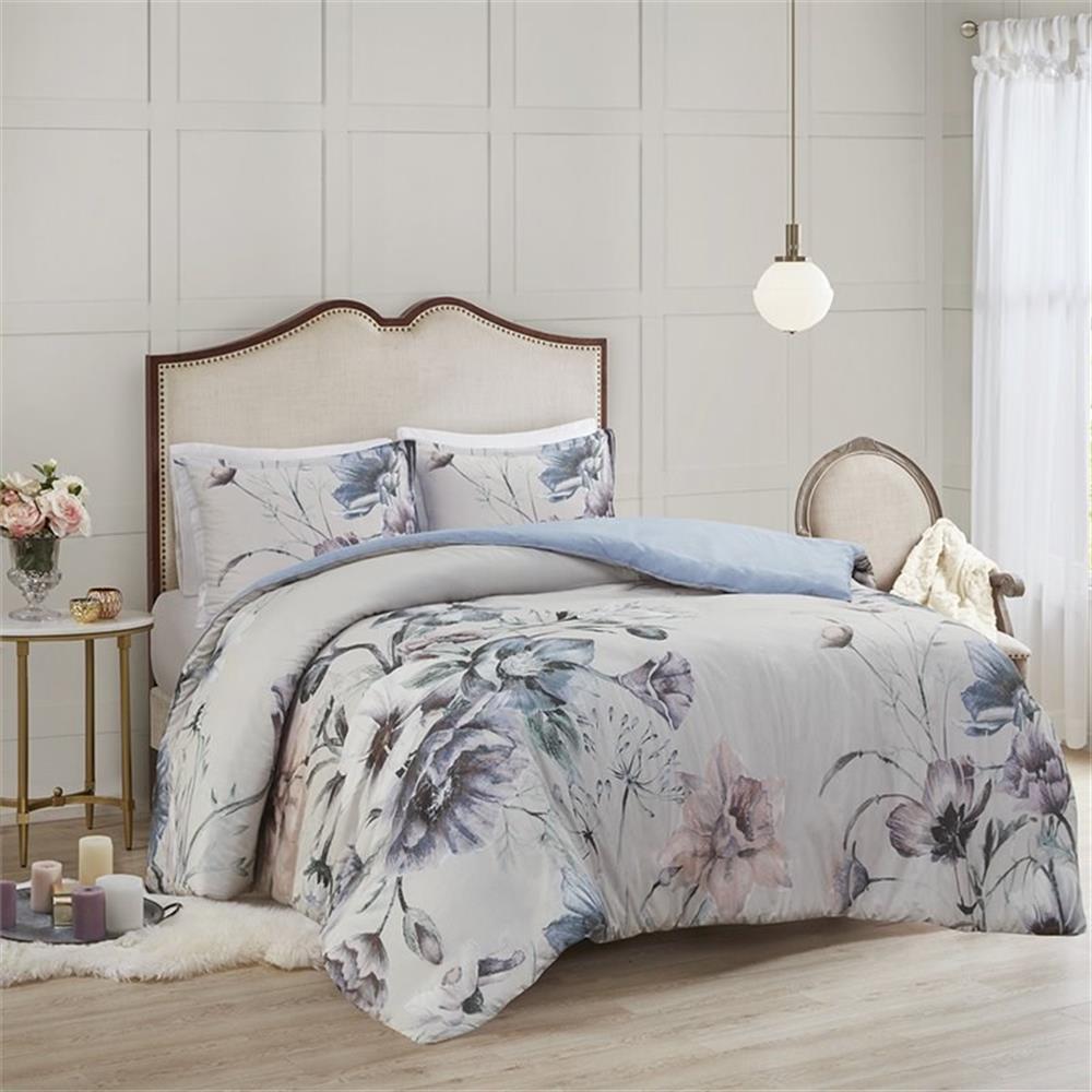 Pemberly Row 90" 3-Piece Cotton Printed Duvet Cover Set in Blue
