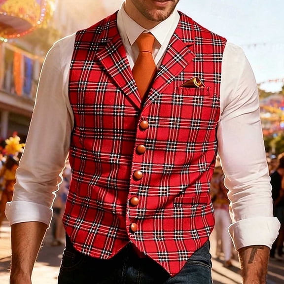 Ceisia Men's Plaid V Neck Suit Vest Button Front Sleeveless Waistcoat For Party Stage Performance Costume Gift