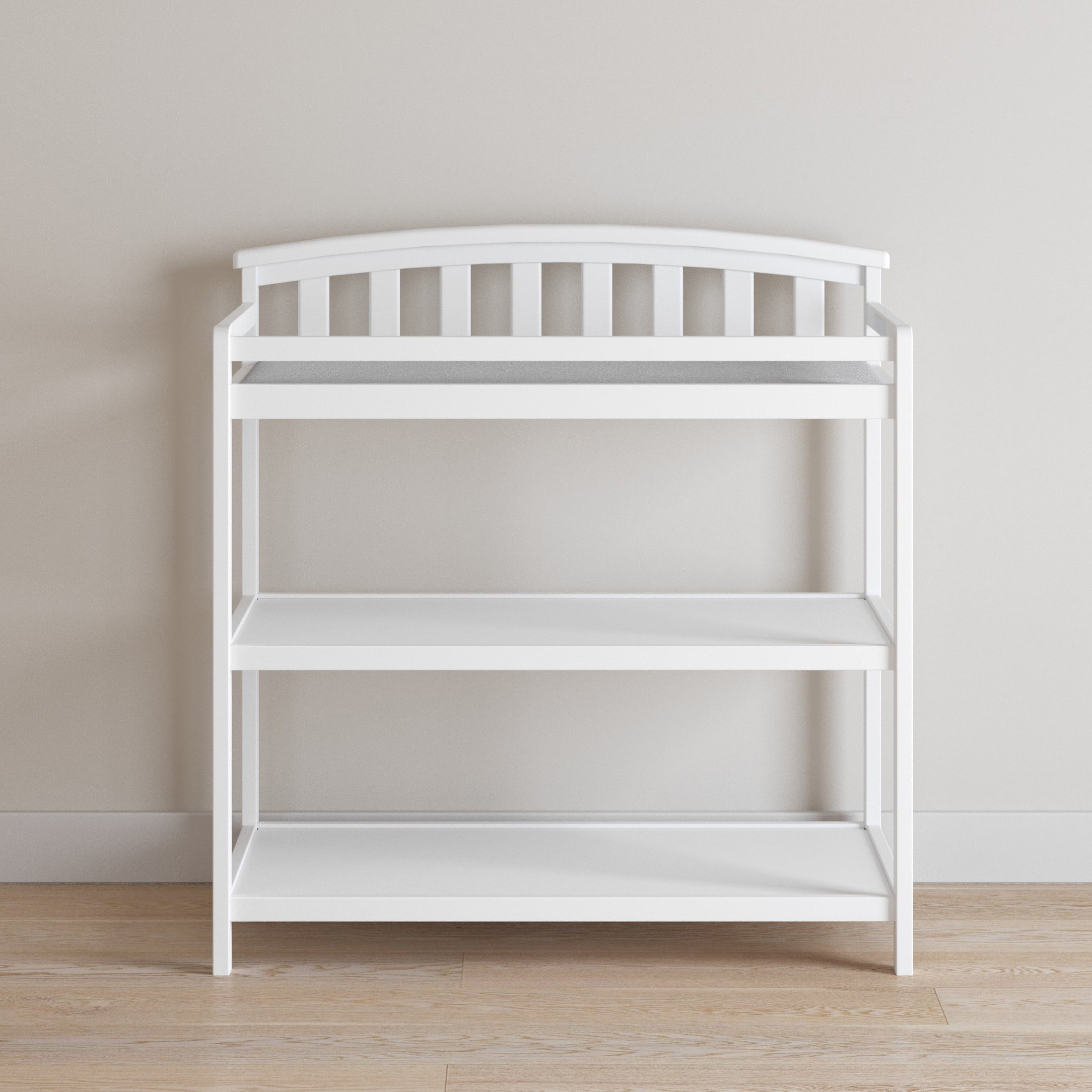 Child Craft Curve Top Changing Table with Pad & Strap, 2 Storage Shelves, Anti-Tip Kit, Matte White
