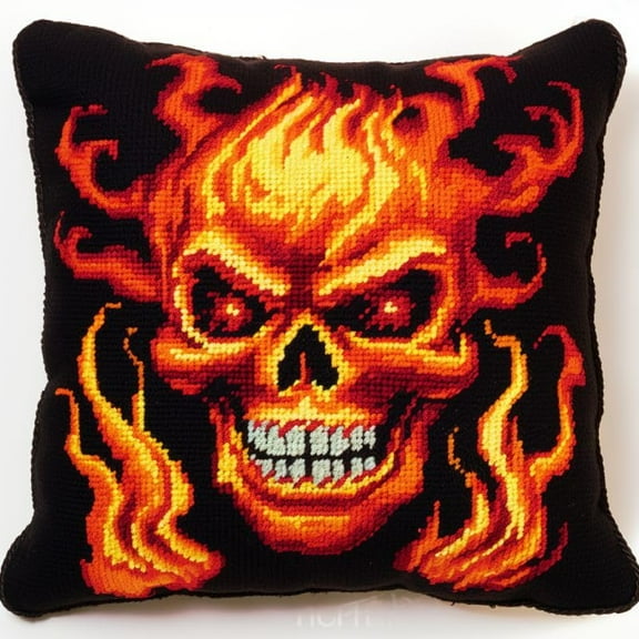 Red Fire Skull Latch Hook Kits Pillow DIY Rug Crochet Hook Cushion Making Kits with Preprinted Pattern Canvas Instruction Yarns Easy Starter Christmas Decoration Hooking DIY Kits 43x43cm(d120)