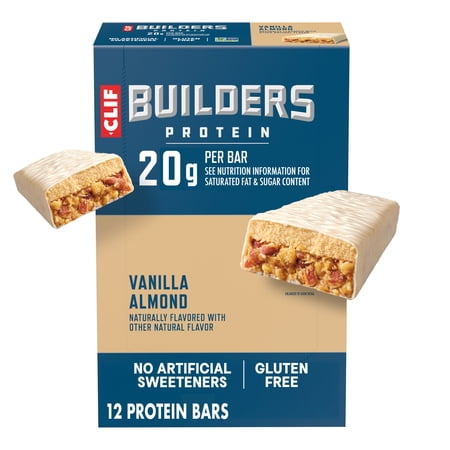 CLIF BUILDERS Protein Bars Vanilla Almond Flavor, Plant Protein, Gluten Free Bars, 12ct