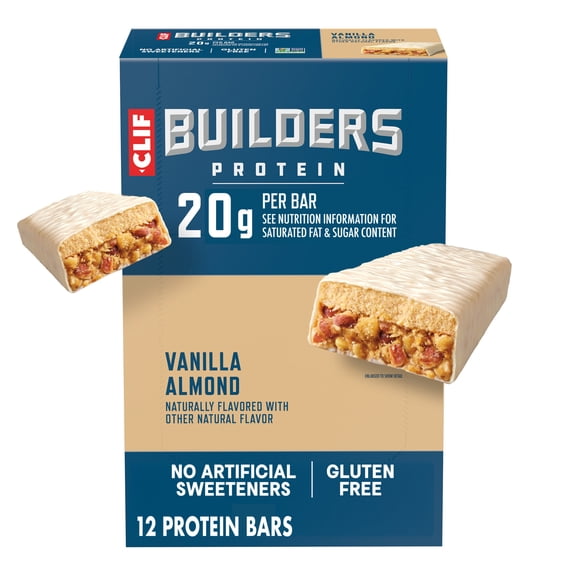 CLIF BUILDERS Protein Bars Vanilla Almond Flavor, Plant Protein, Gluten Free Bars, 12ct
