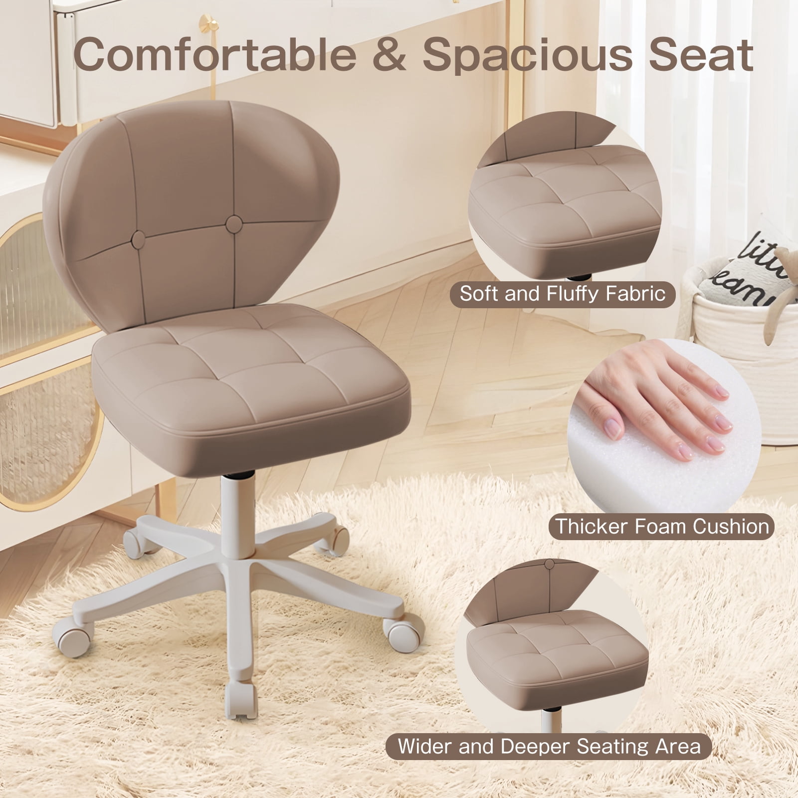 Vanity Chair with Back – Small Armless Office Chair with Wheels, Lumbar Support, PU Leather, Adjustable Height, 360° Swivel for Home, Bedroom, Office Khaki
