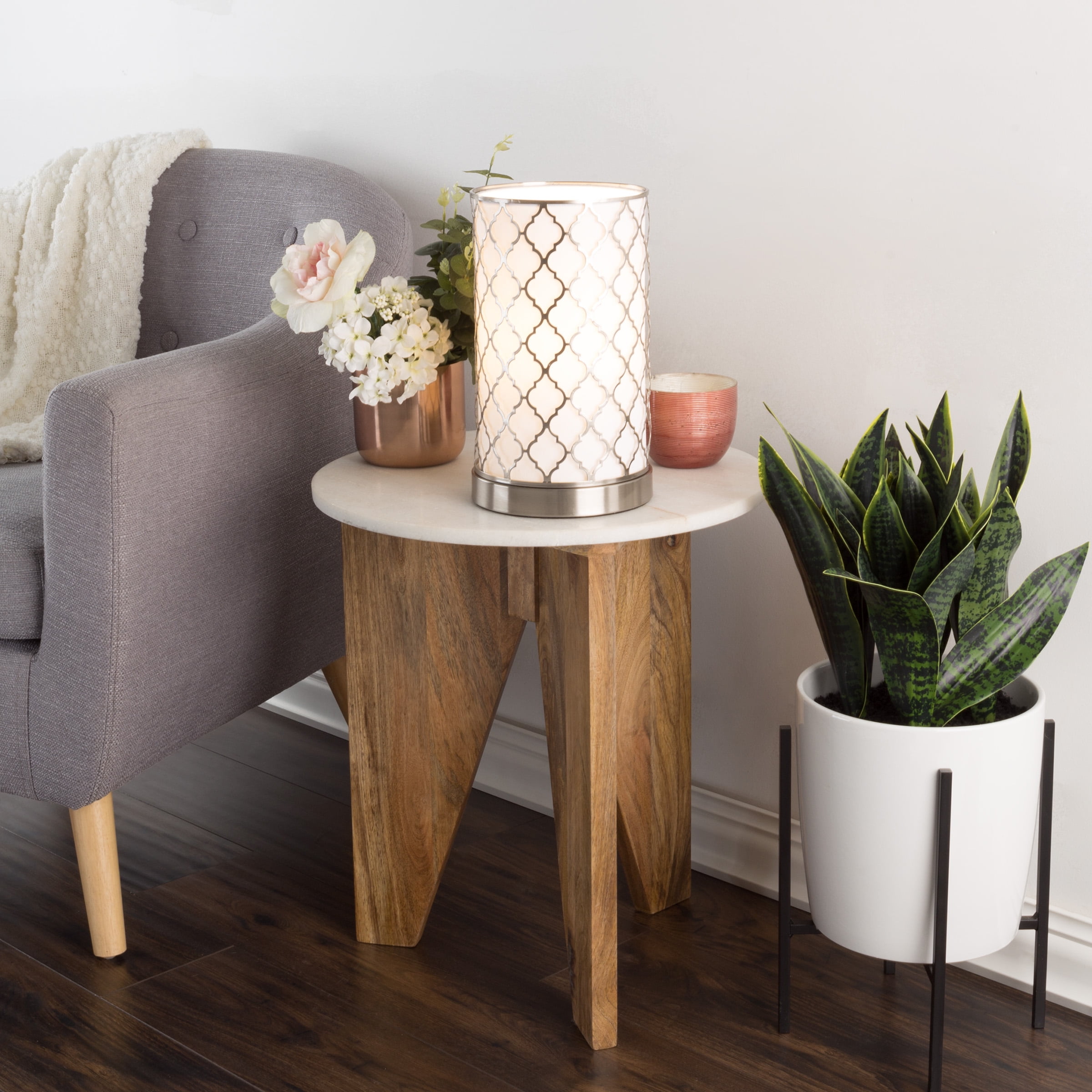 Lavish Home LED Uplight Table Lamp with Steel Finish, Fabric Overwrap, Laser Cut Quatrefoil Pattern