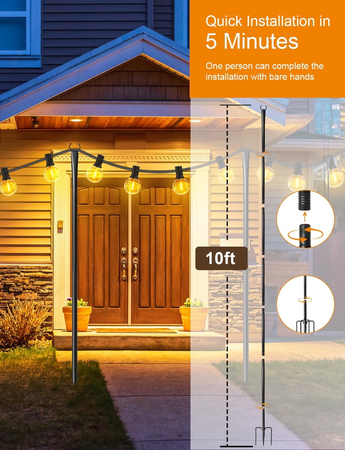 4 Pack 10Ft String Light Poles for Outside, Thickened Metal Lights Hanger Pole Outdoor with Fork, Lighting Hanging Post Accessories for Patio Decor Garden Backyard Yard Front Porch Outside Decoration