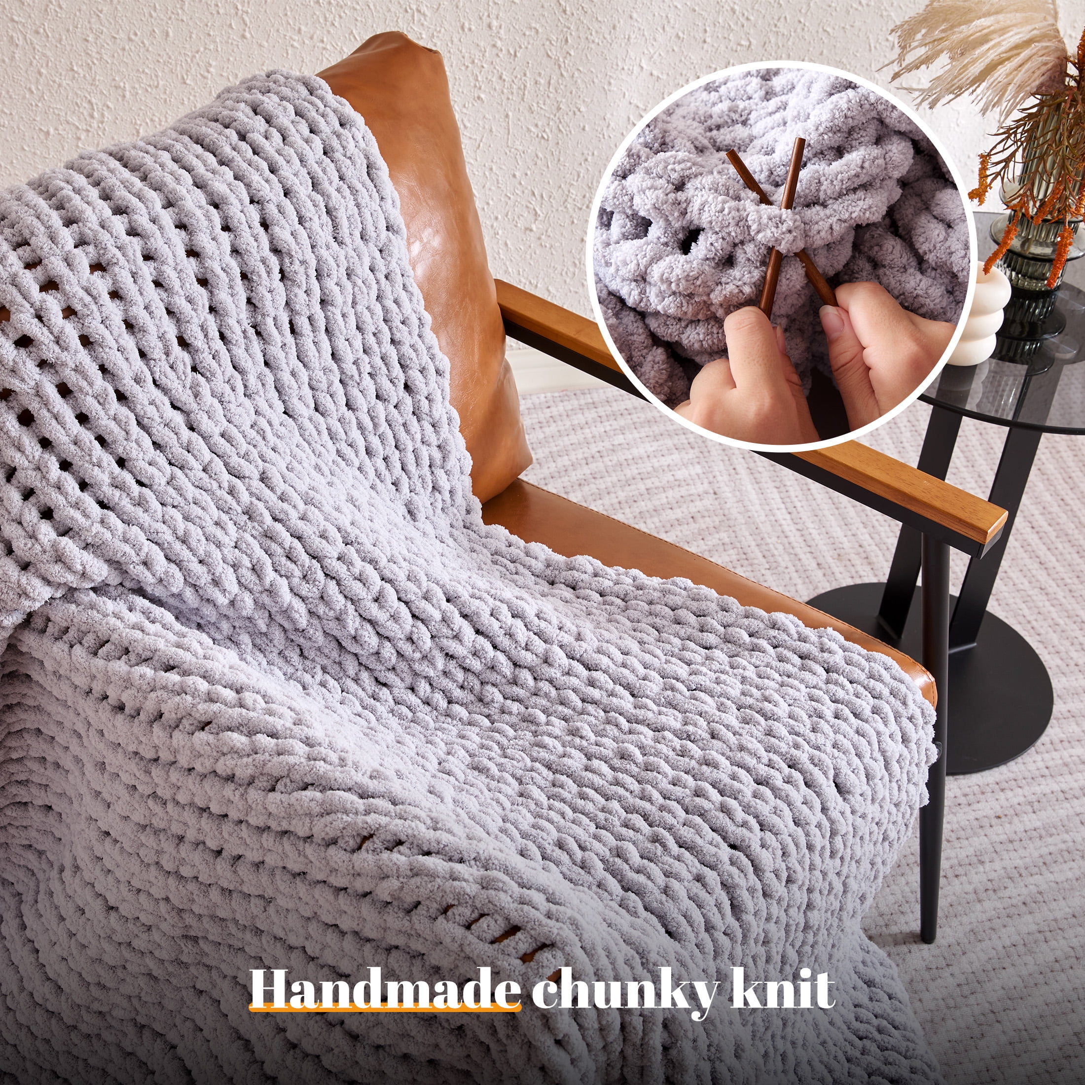 Sonive Grey Throw Blanket, Chunky Velvet Knit Warm Soft Handmade Circular Throw Blankets for Couch Bed Sofa, 80" × 90"