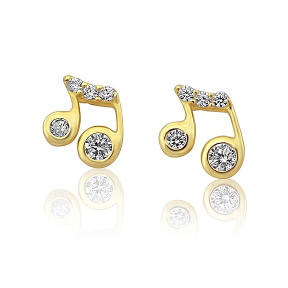 Vinali 14K Solid Yellow Gold Cz Tiny Music Note Stud Earrings