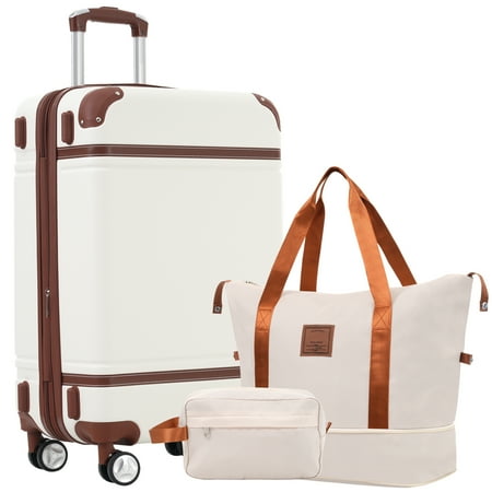 EUROCO 3-Piece Luggage Sets with Bags, ABS Hard Case Suitcases with Double Spinner Wheels and TSA Lock, Durable Waterproof Travel Luggage,Single Vintage Luggage 28 IN,White