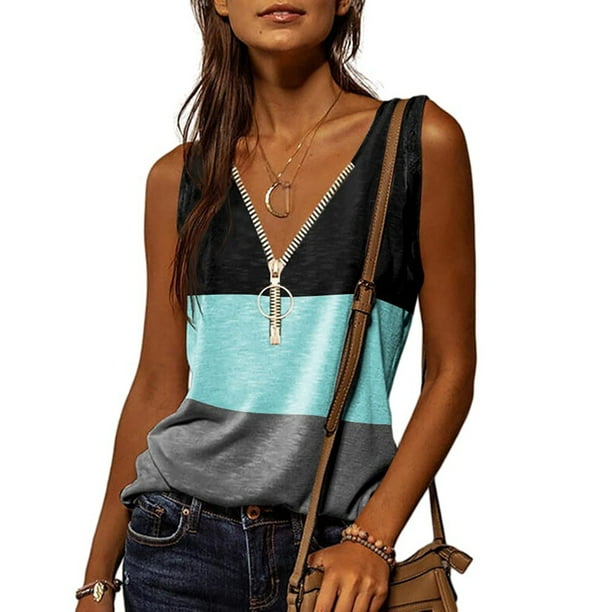 ICHUANYI Clearance Women's Fashion Casual Printed Vest Zipper V-Neck Loose Sleeveless T-shirt Pullover Tops(Blue, L) Ichuanyi Ichuanyi
