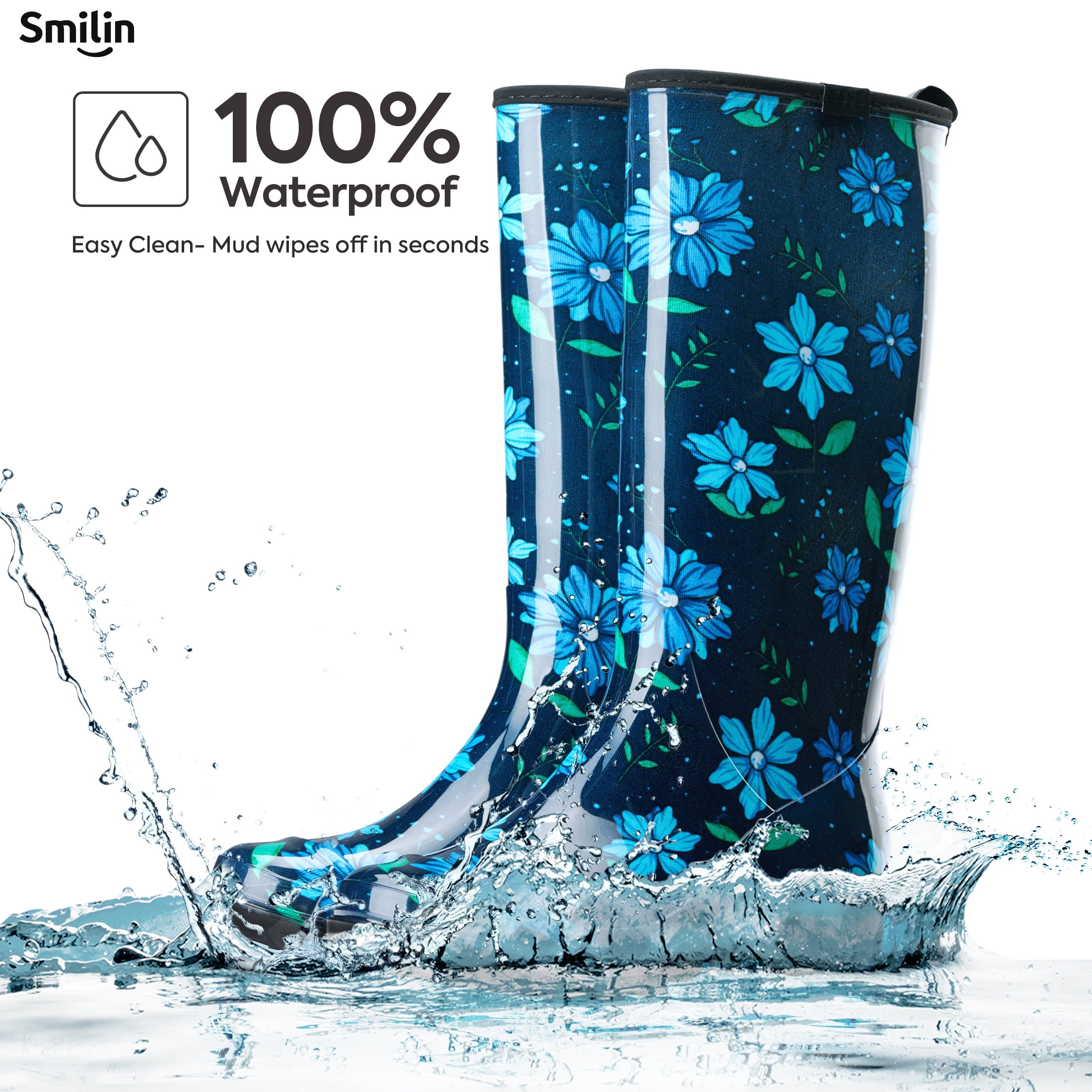 SMILIN Colorful Rain Boots for Women,Mid-Calf Waterproof Anti-Slip Slim Calf Garden Shoes,Blue Floral,US Size 10