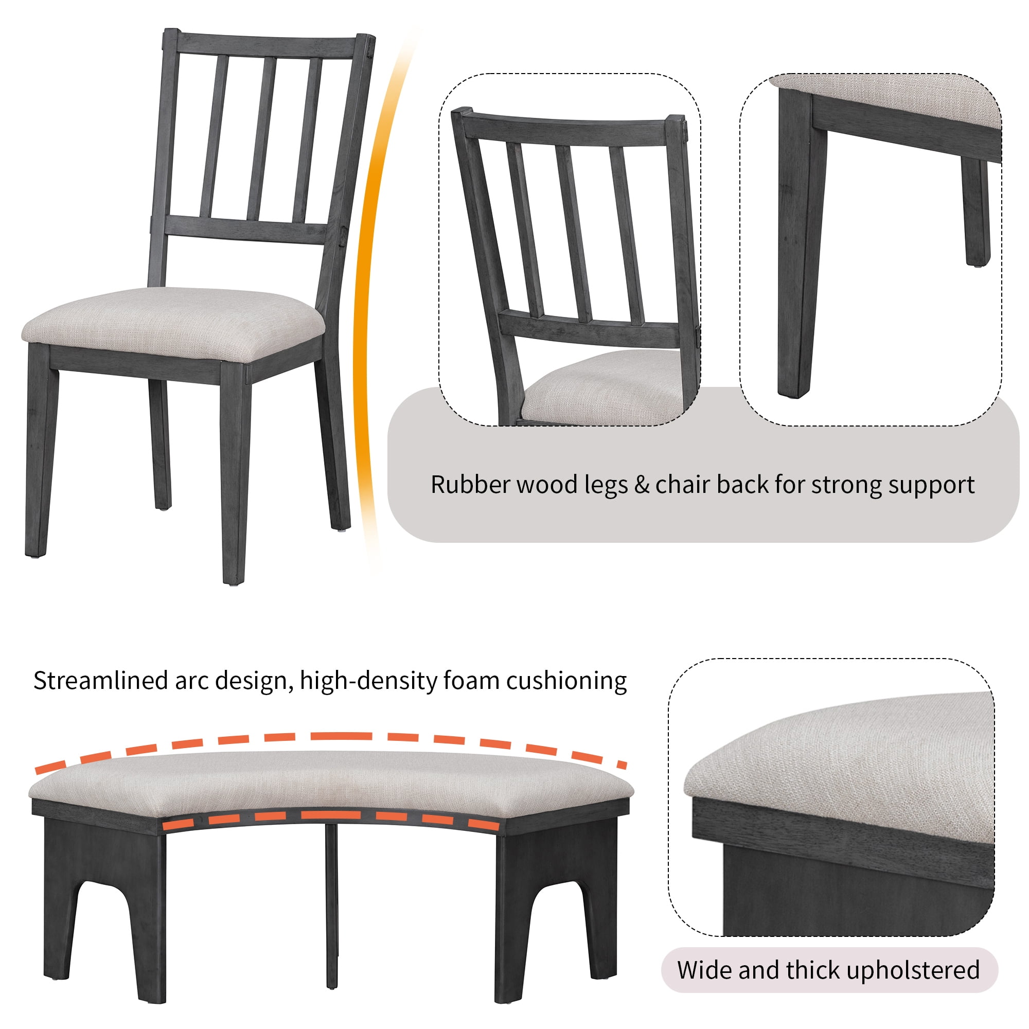Euroco 5-Piece Round Dining Set,Rustic Kitchen Table Set with 3 Upholstered Chairs and Curved Bench for Dining Room/Kitchen/Living Room,Gray