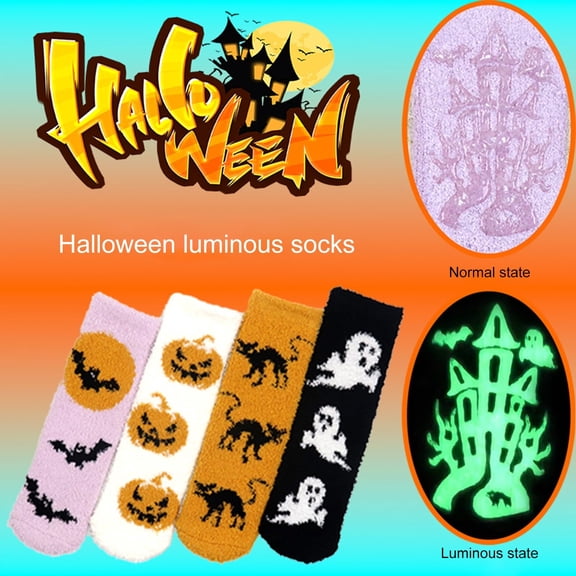 Helii Womens Halloween Glow in The Dark Socks Coral Fleece Warm Socks Non Slip Cozy Socks for Fall Winter with Bat Pumpkin Ghost Print Socks