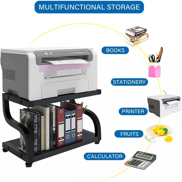 Bijzettafel Voor Printer 2-Tier Desktop Printer Stand Desktop Printer Fax Machine Copier Scanner Plank Metalen Frame Office Storage & Organisatie Pc-torenstandaard(Color:Black