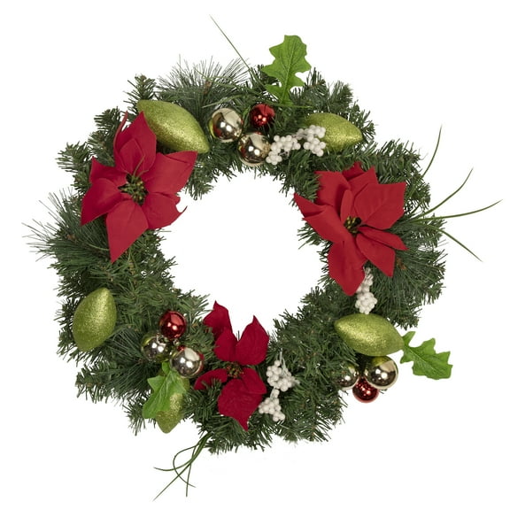 Northlight Decorated Red and Green Poinsettia and Pine Artificial Christmas Wreath, 24-inch, Unlit