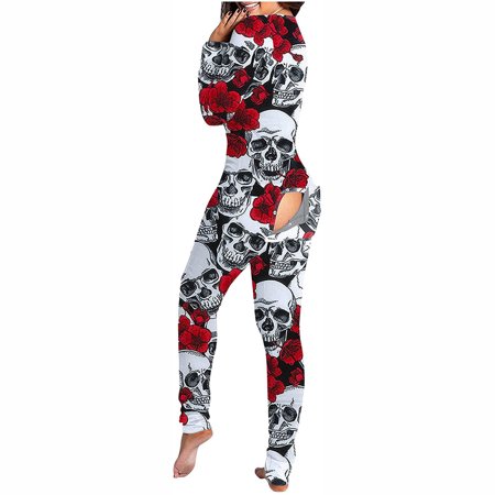 

Tarmeek Halloween Onesies Pajamas for Women Long One Piece Pajamas with Butt Flap Sexy V Neck Jumpsuit Romper Bodycon Bodysuit Sleepwear