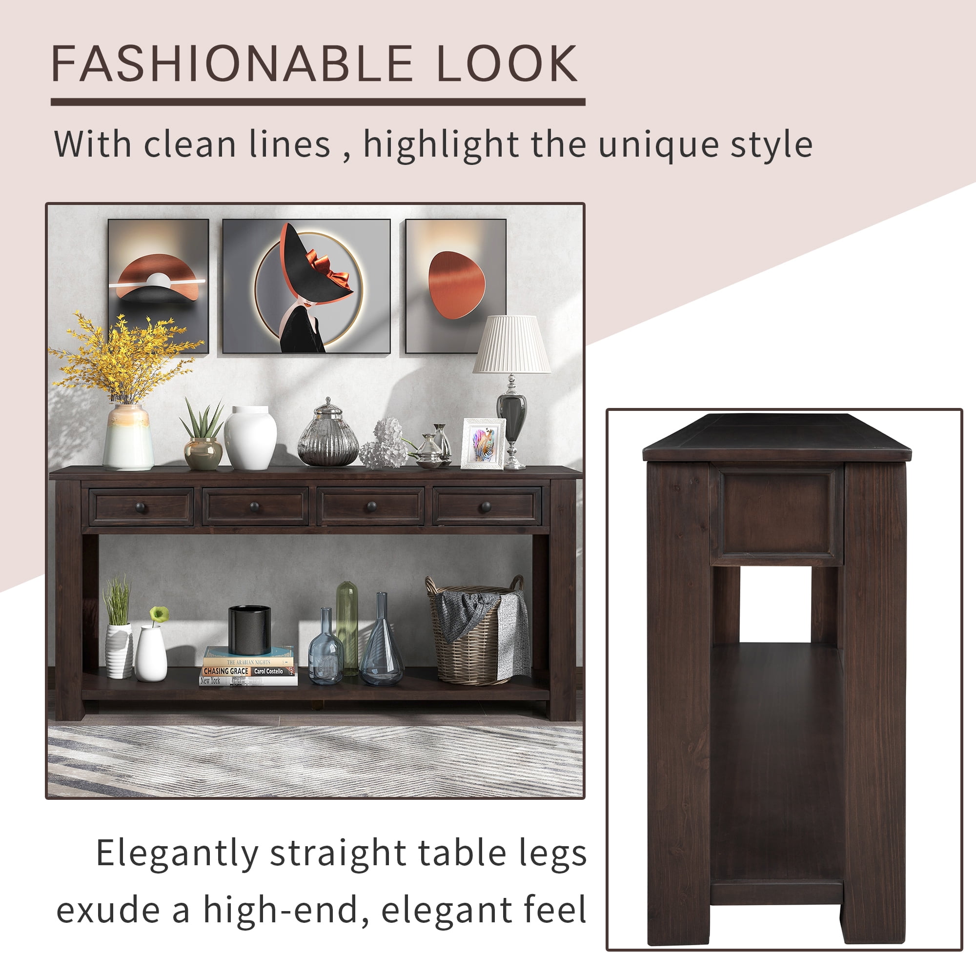 EUROCO 63" 4-Drawers Console Table with Long Bottom Shelf, Espresso