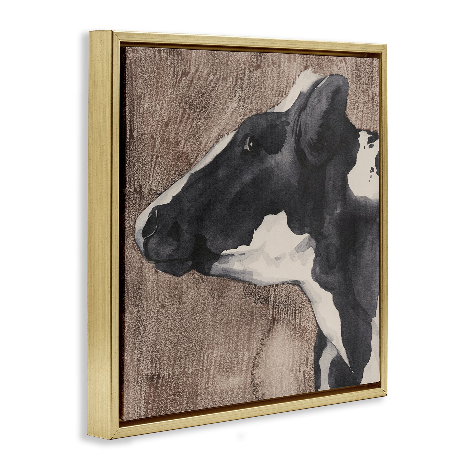 Stupell Industries Rustic Cow Looking Left Animals & Insects Painting Gold Floater Framed Canvas Art Print Wall Art, 25 x 25