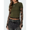thumbnail image 2 of Women'S T-Shirt Slim Fit Lace Panel Sleeves Crop Top with Thumb Hole Round Neck Y2K Style for A Trendy Look  Green L, 2 of 5