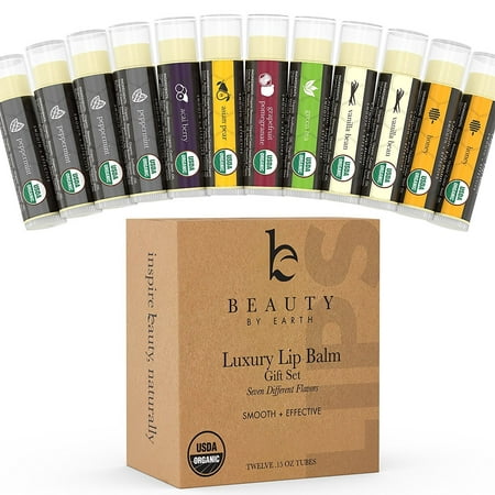 Beauty by Earth Organic Lip Balm Set; 12 Pack of Long Lasting Pure Natural Beeswax Chapstick; Assorted Moisturizing Flavors for a Clear Glossy Finish and Soft, Lush