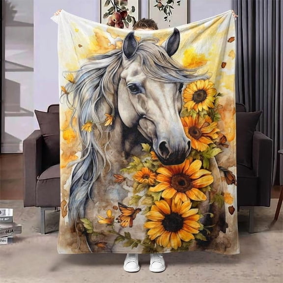 Horse & Sunflower Pattern Blanket, 1 Count Soft Warm Throw Blanket, Air-conditioned Room Blanket, Warm Nap Blanket for Home Office Travel Camping, Floral Blanket