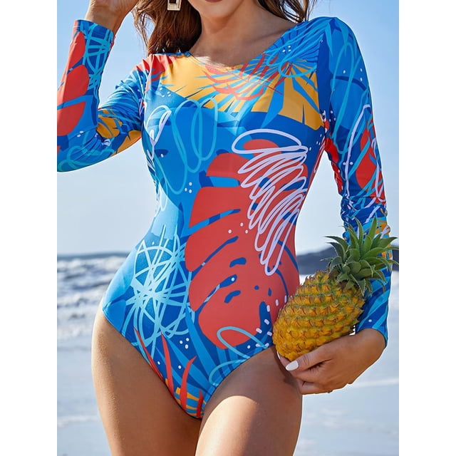 Charmo Womens Rash Guard One Piece Bathing Suits Tie Back Long Sleeves Monikini Swimsuit