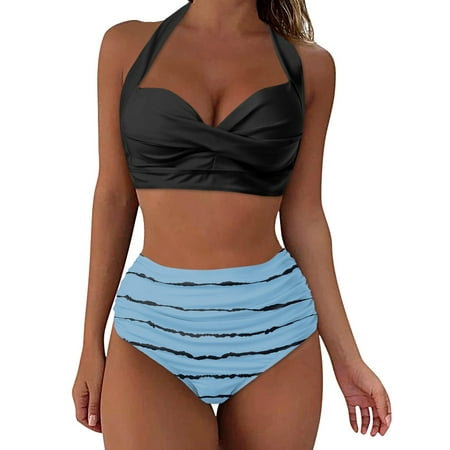 Two Piece Bikini for Women Modest High Waisted Bikini Sets Cute Halter 2 Piece Spaghetti Strap Top Thong Swimsuit Bathing Suit