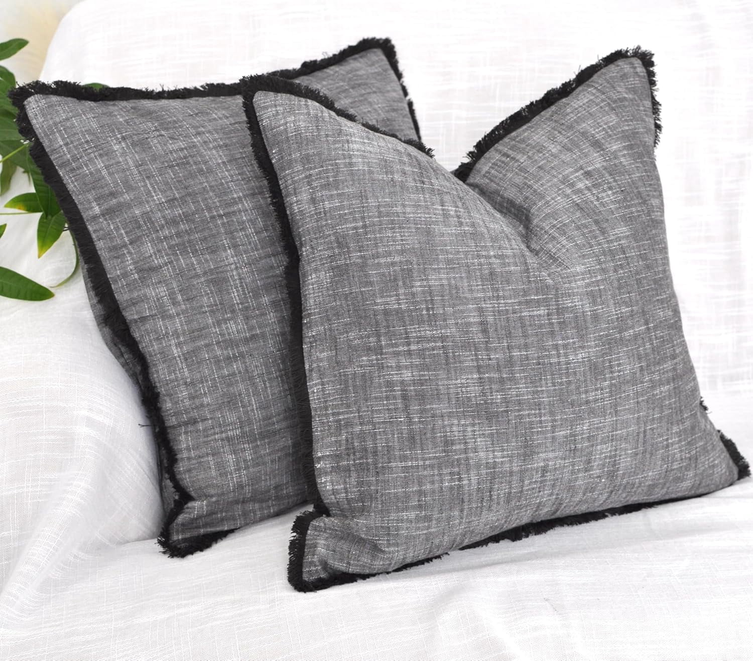 18×18 Grey Organic Cotton Throw Pillow Covers With Decorative Fringe Boho Farmhouse Cushion Cover with Tassels Linen Like Textured Accent Pillowcases for Bed Couch Chair Sofa Living Room, Set of 2