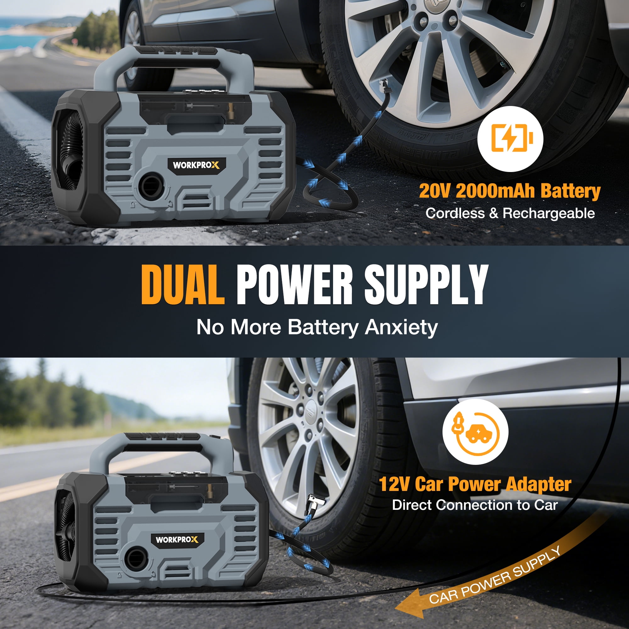 WORKPROX Tire Inflator Portable Air Compressor, 150 PSI Car Air Pump with 20V Battery and 12V DC Power, Auto Shut-off, Digital Gauge
