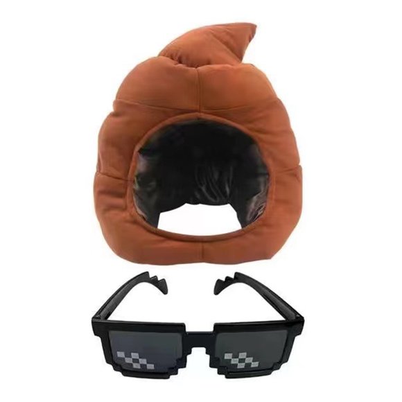 Visland 1 Set Poop Head Cover Cartoon Poop Hat with Necklace Sunglasses Winter Warm Oddball Cap for Daily Wear Prank Gift Photo Booth Props