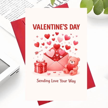 Valentine s Day Card - Cute Teddy Bear and Heart Design - Sending Love Your Way - Perfect for Sweethearts Friends and Family
